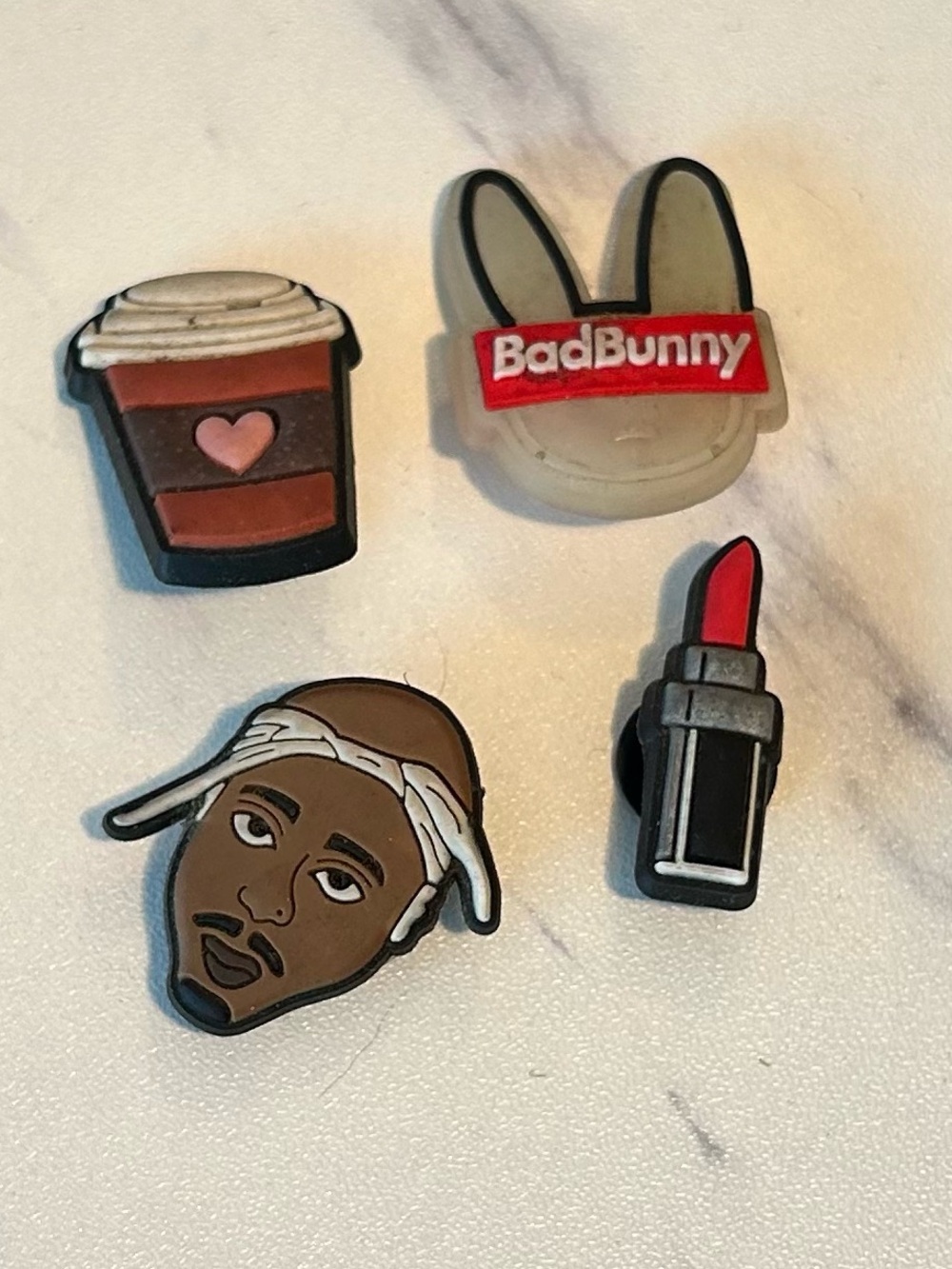 Croc charms Bad Bunny , coffee cup, lipstick and Tupac
